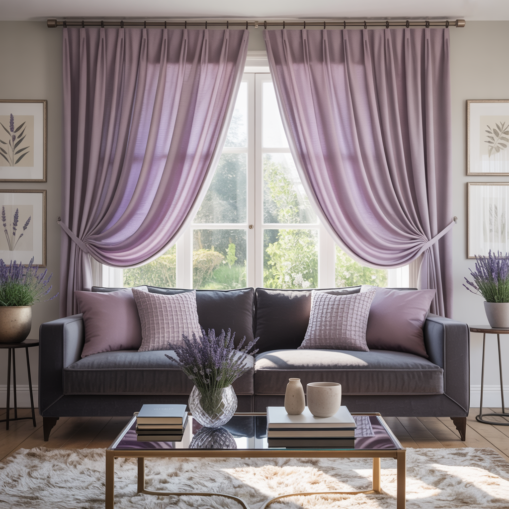 Lavender curtains adding a gentle pop of color beside a gray couch in a cozy room