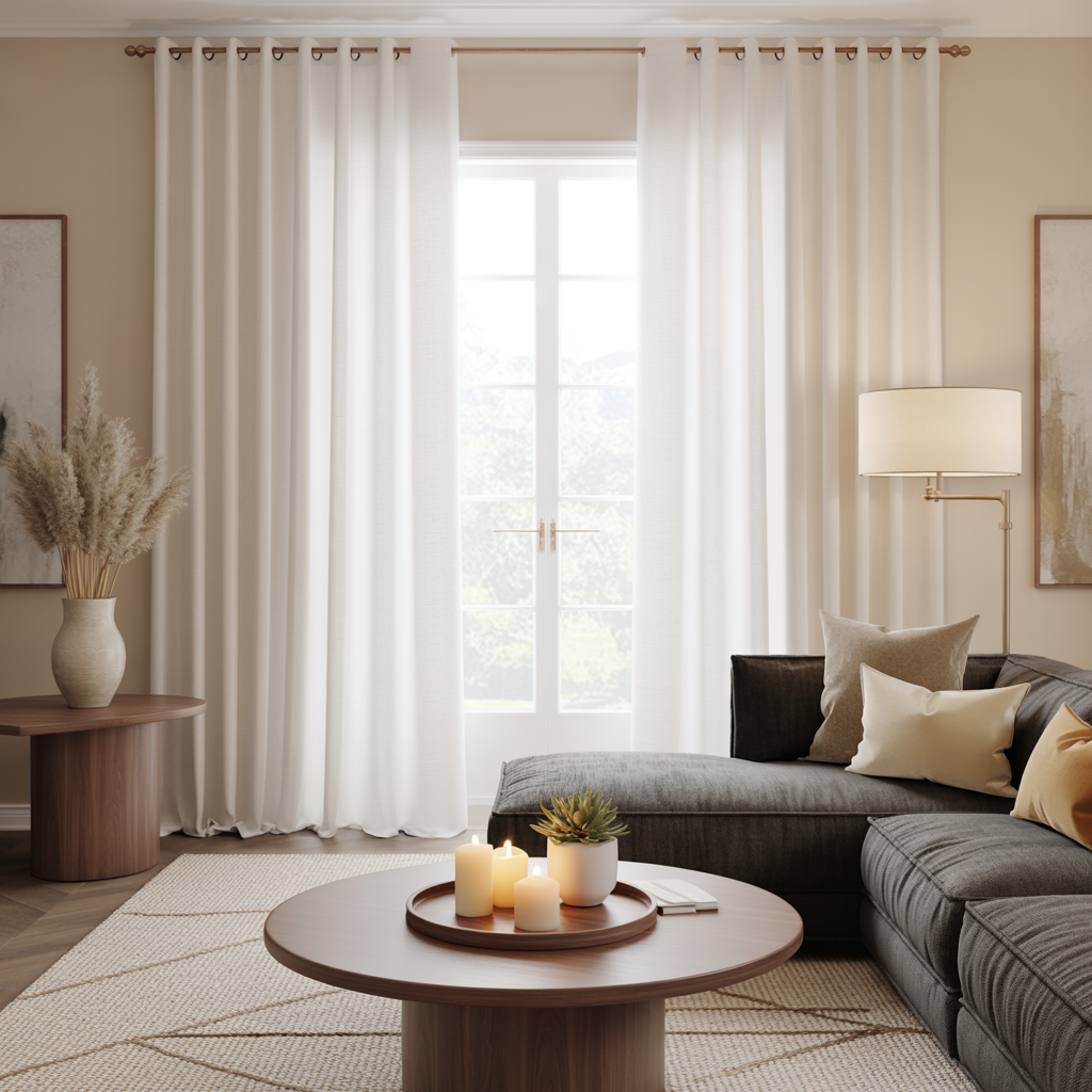 What Color Curtains Go with Gray Couch? White Curtains in a bright, airy room with beige walls, wood accents, and natural light.