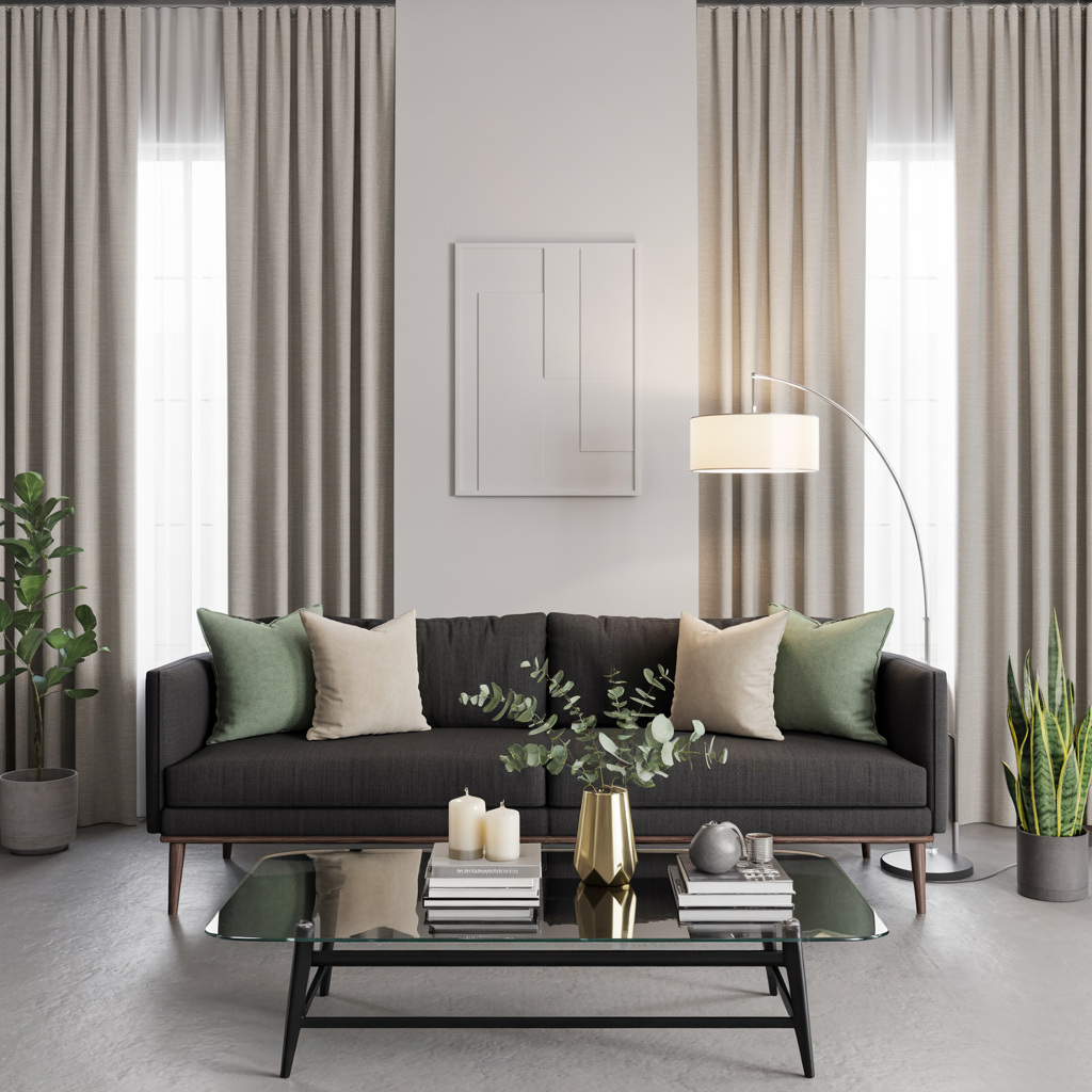 Light gray curtains blending with a gray couch in a soft monochromatic living room.