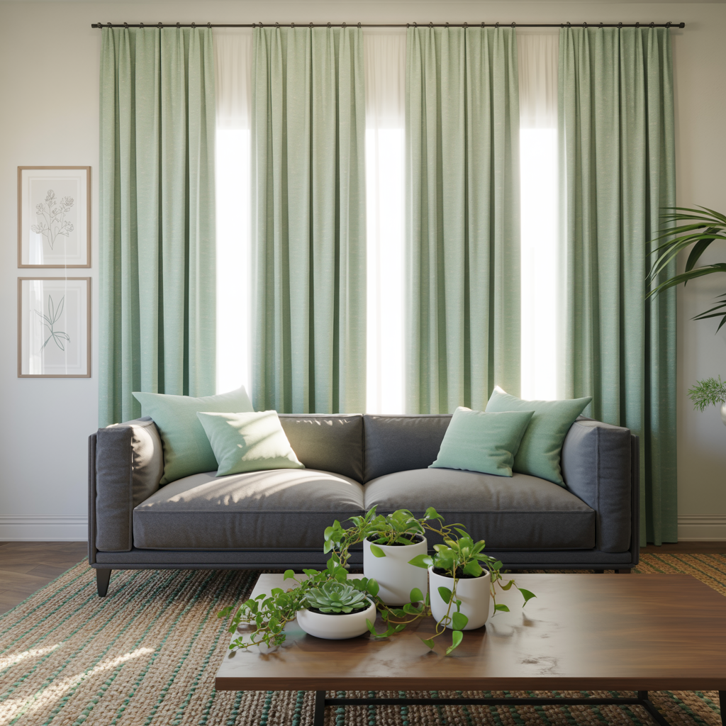 Mint green curtains offering a soft calming accent with a gray sofa