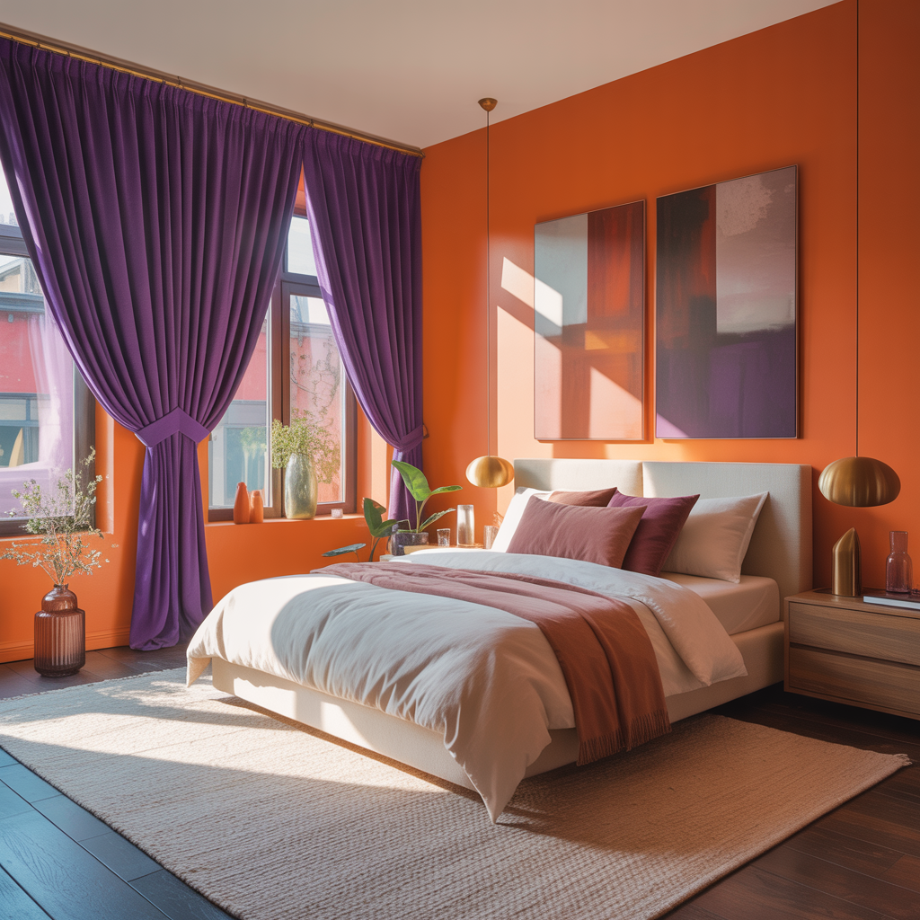 Violet Curtains for Orange Walls