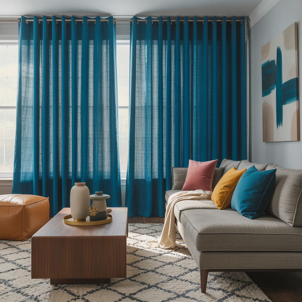 Teal curtains creating a rich calming contrast with a gray couch