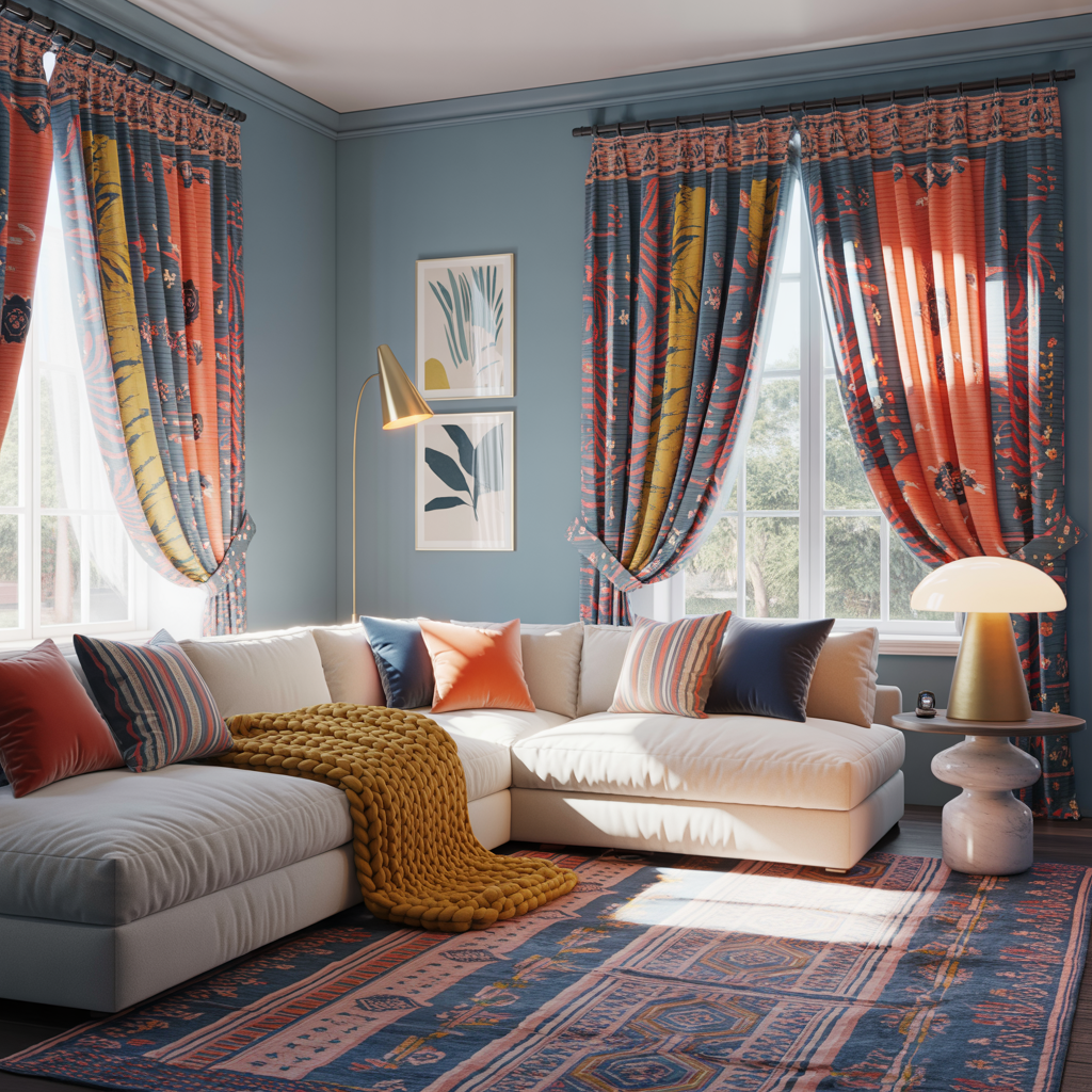 Patterned Curtain Color for Light Blue Walls