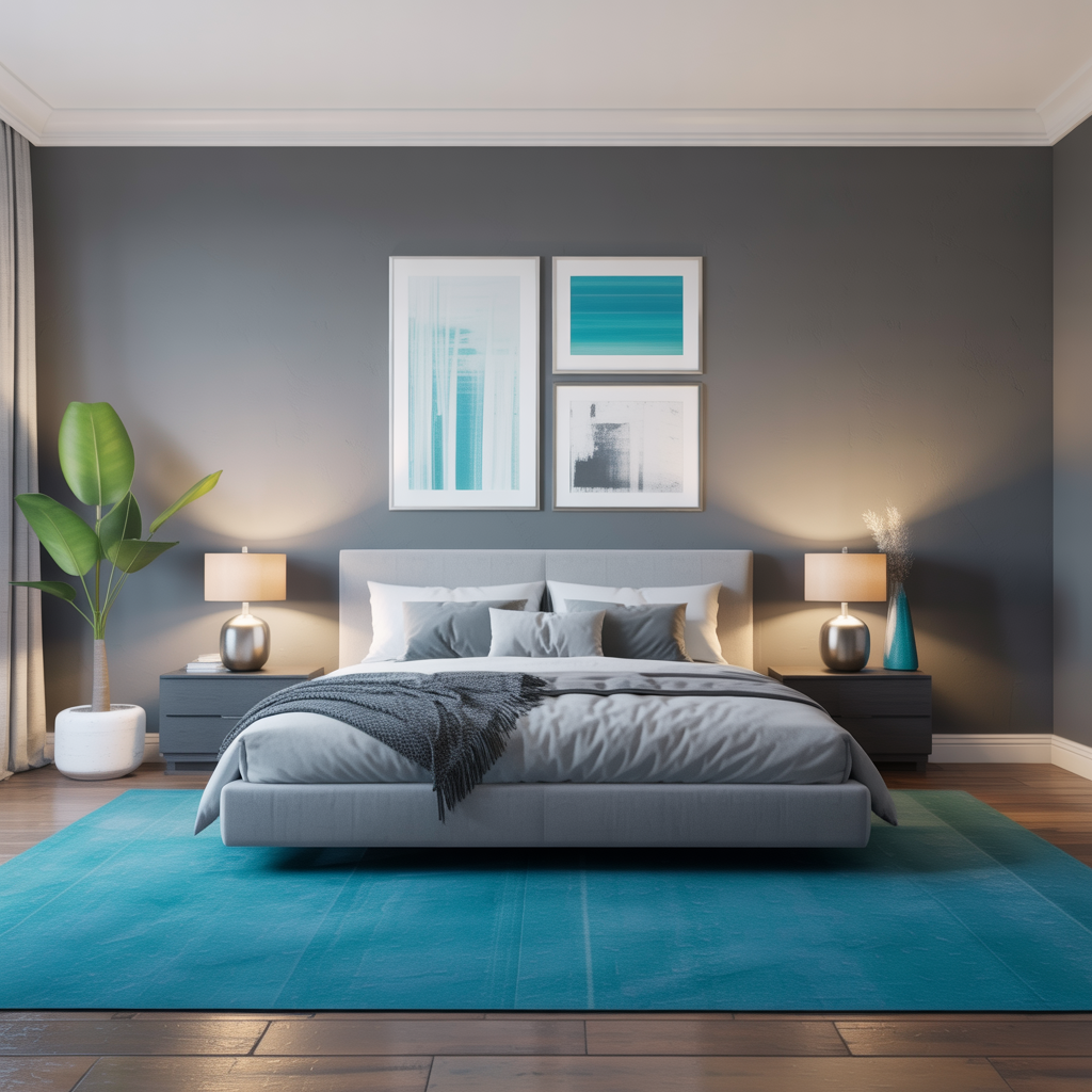 Turquoise carpet idea illustrating what color carpet goes with grey walls in a bold, colorful design.