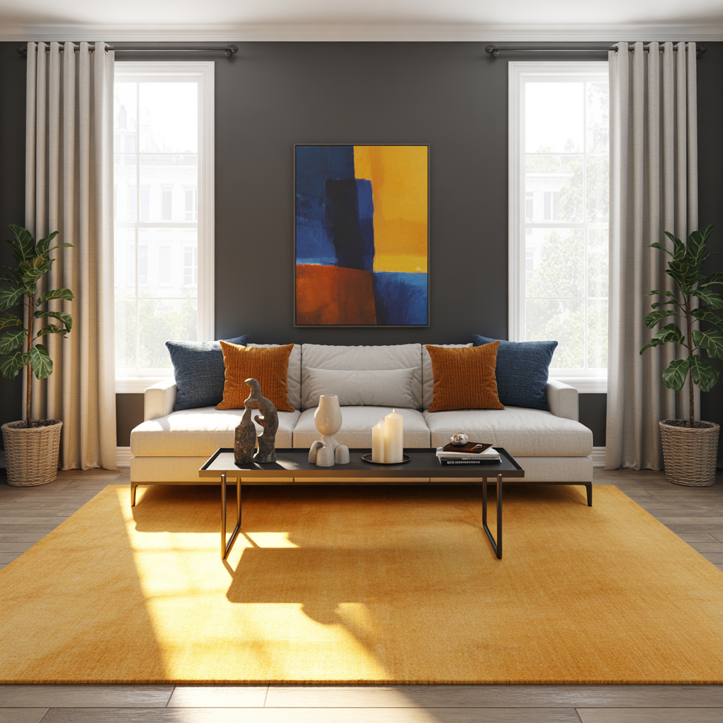 Yellow carpet example illustrating what color carpet goes with grey walls for a bright, cheerful pop of color