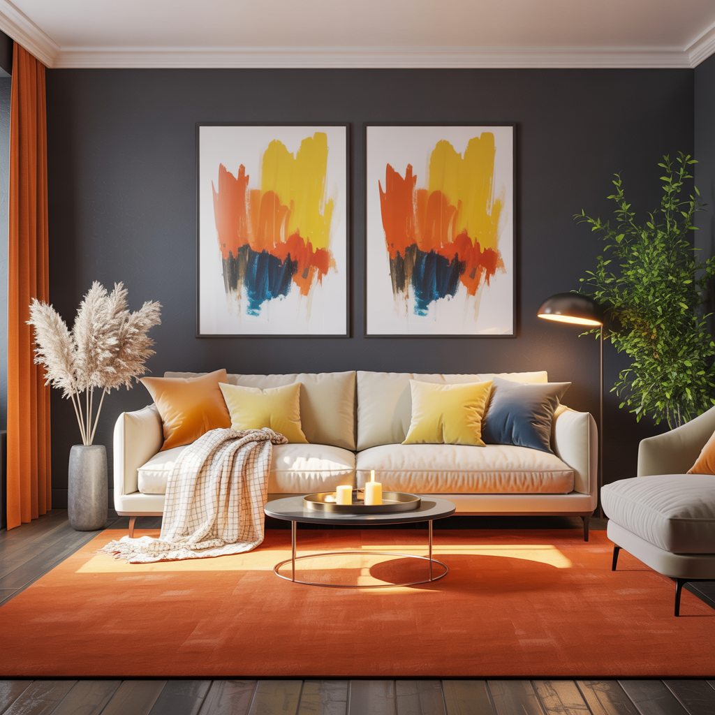 Orange carpet option demonstrating what color carpet goes with grey walls in a lively yet cohesive design