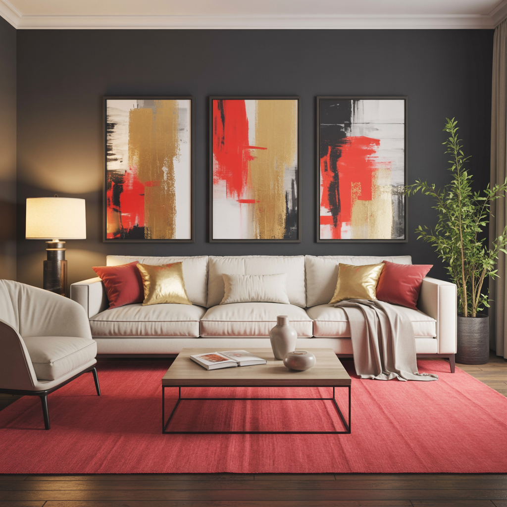 Red carpet option illustrating what color carpet goes with grey walls in a cool, calming palette.