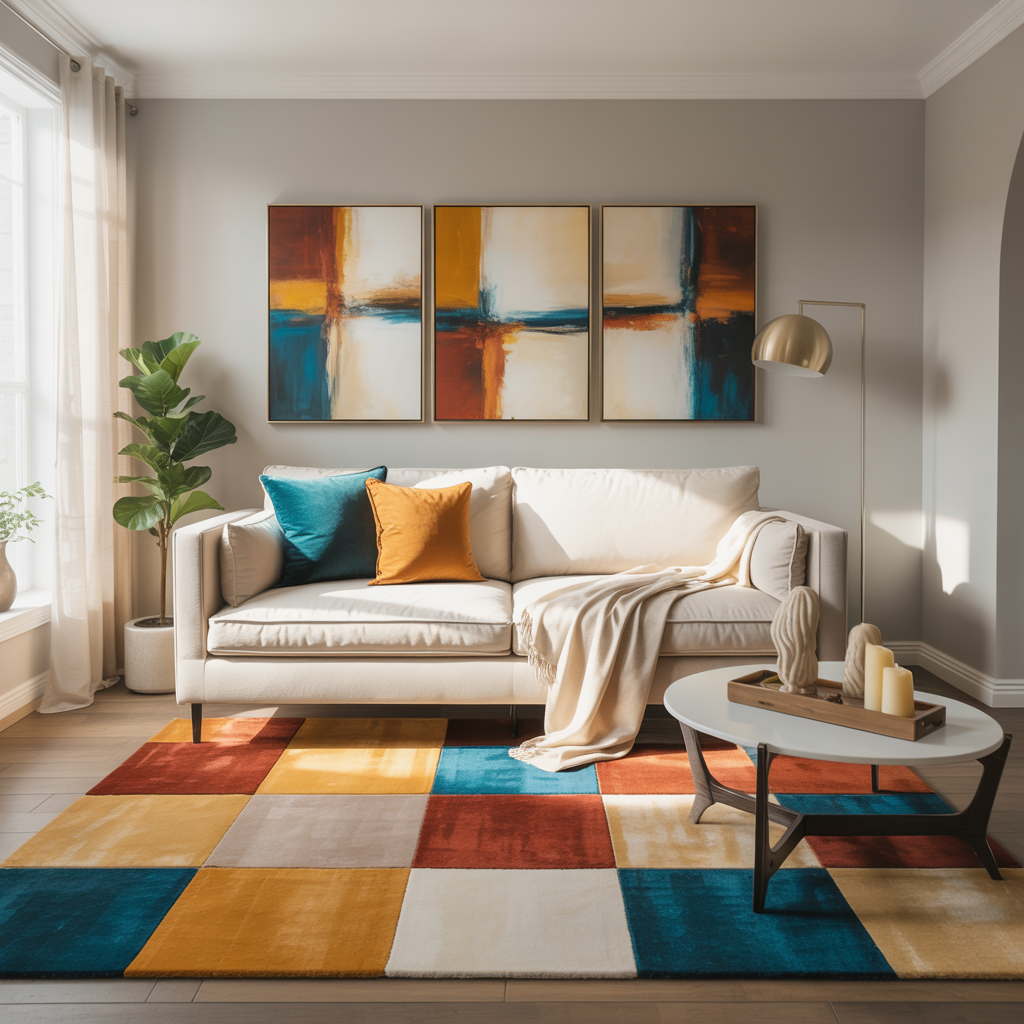 Multi-color carpet idea illustrating what color carpet goes with grey walls in a vibrant, playful design. 