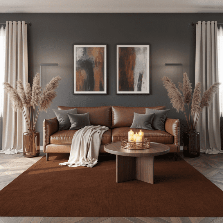 Brown carpet example demonstrating what color carpet goes with grey walls in a cozy, grounded room.