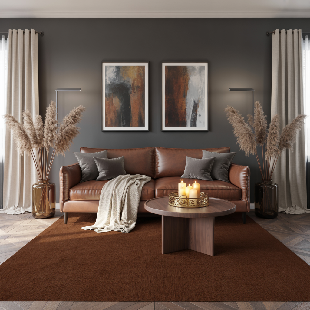 Brown carpet example demonstrating what color carpet goes with grey walls in a cozy, grounded room.