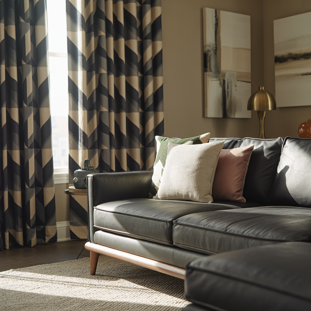 Patterned curtains adding visual interest next to a gray couch in a styled living room