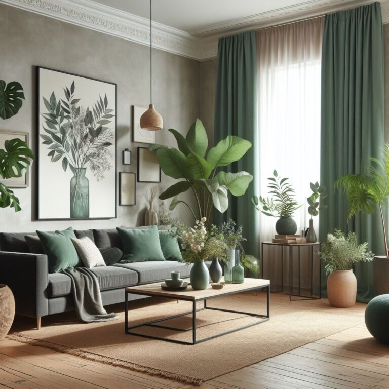 Green curtains creating a rich calming contrast with a gray couch