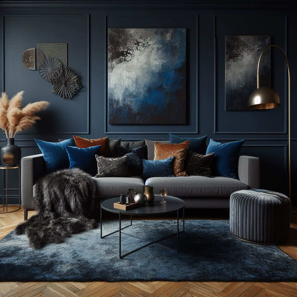 What Color To Paint Walls With Grey Couch: Deep Navy Blue