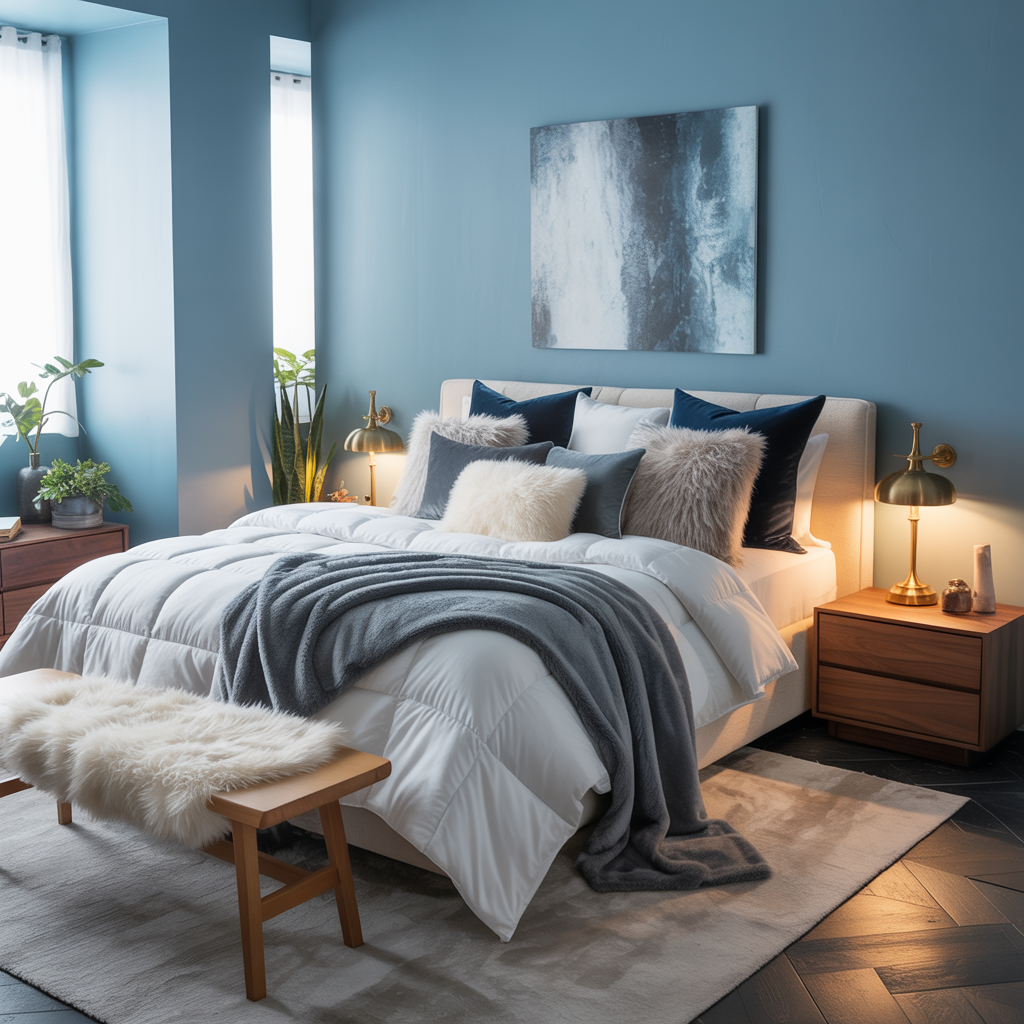 Smooth blue walls and a plush winter white comforter