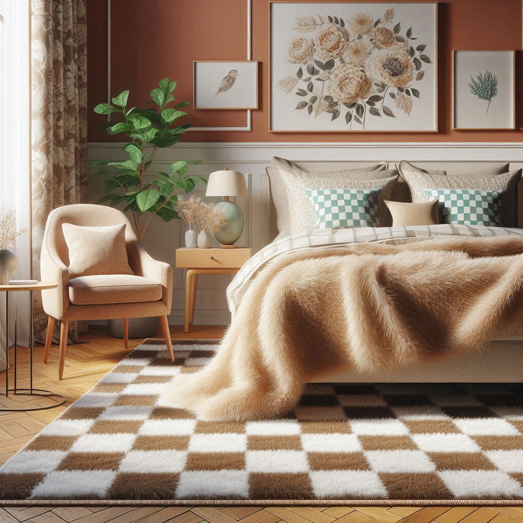 Beige and White Checkered Rug with other Home Decor Accents