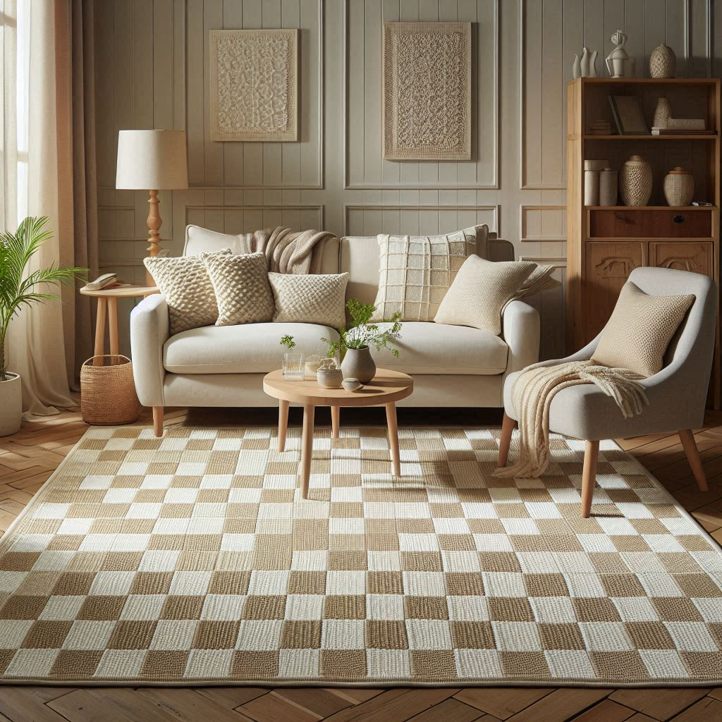 Beige and White Checkered Rug in Living Room with other Home Decor Accessories