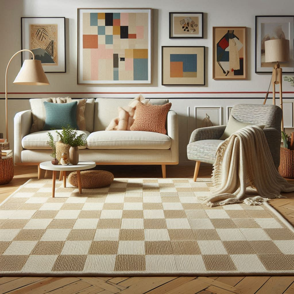 Beige and White Checkered Rug in Living Room with other Home Decor Accessories