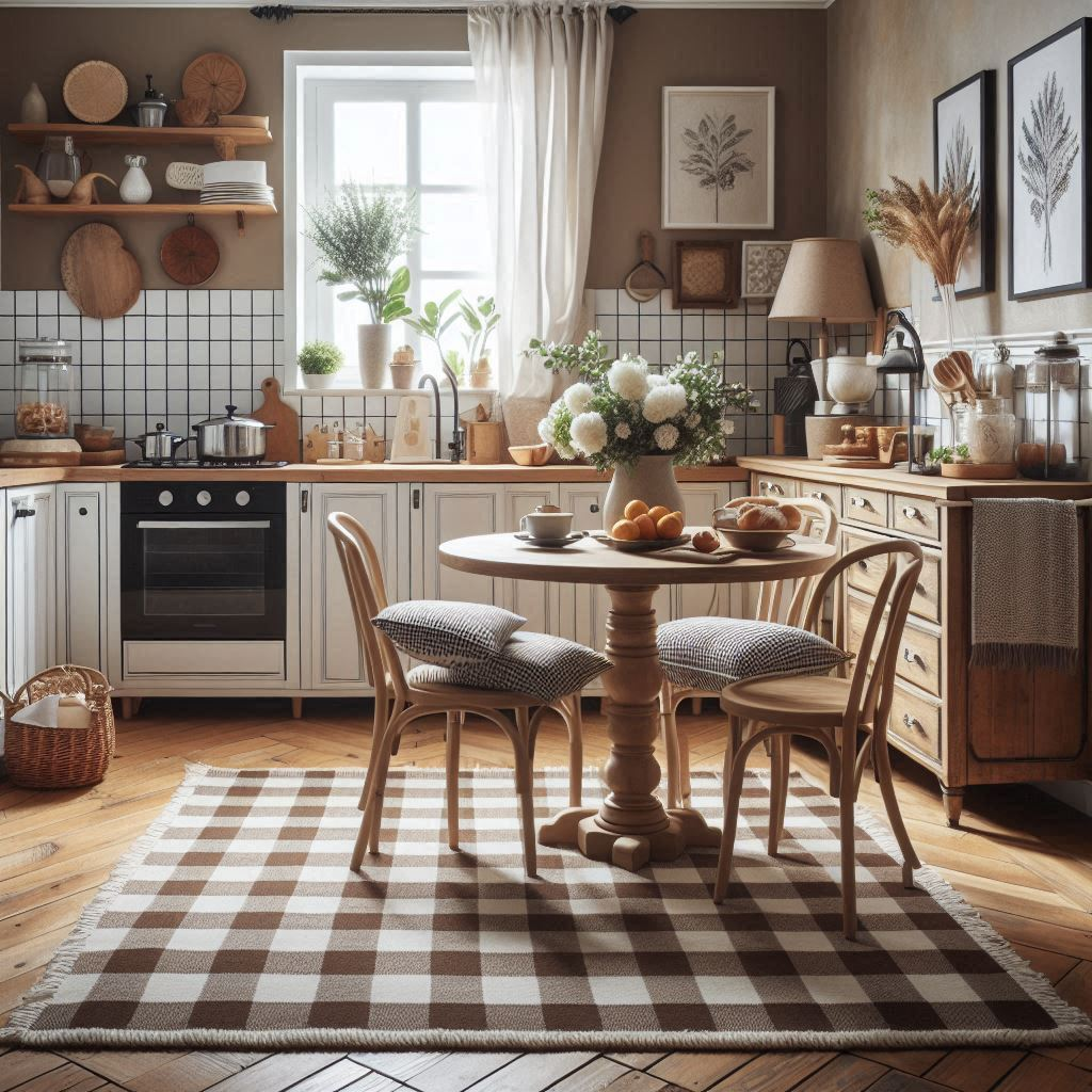 Beige and White Checkered Rug with other Home Decor Accessories