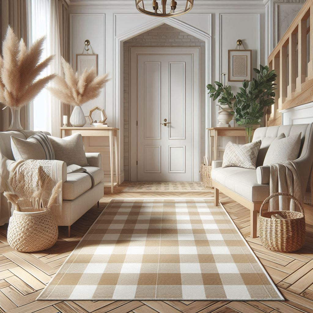 Beige and White Checkered Rug with other Home Decor Accessories