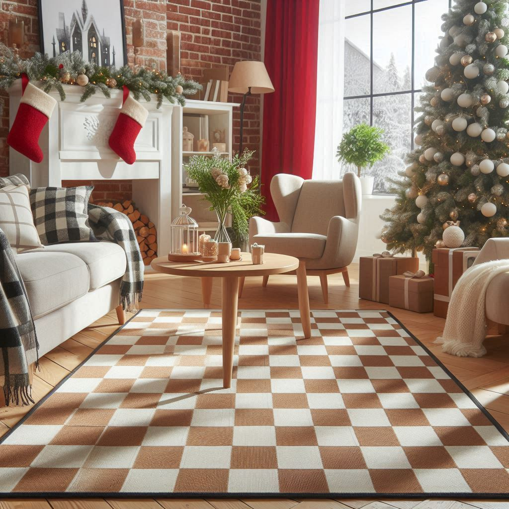 Beige and White Checkered Rug with other Home Decor Accessories