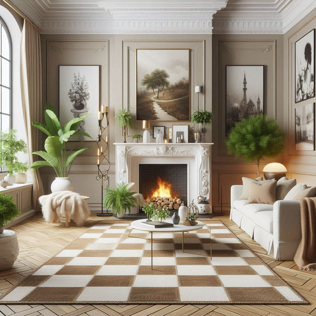 Beige and White Checkered Rug with other Home Decor Accessories