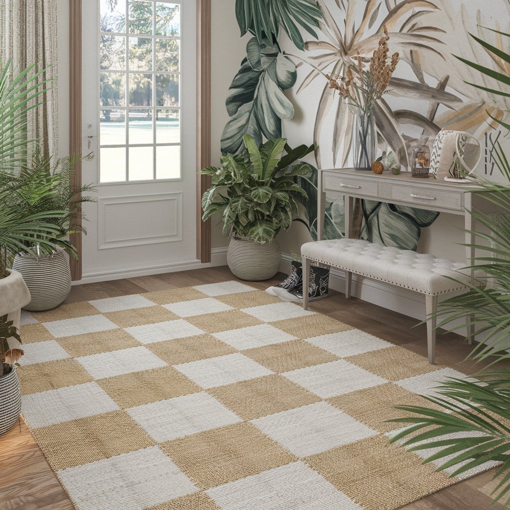 Beige and White Checkered Rug in an entryway