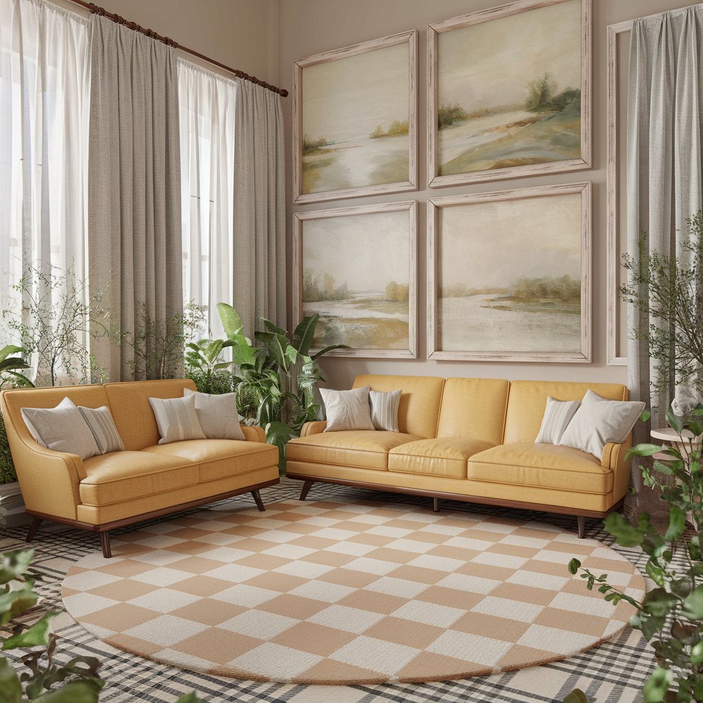 Beige and White Checkered Rug in Living Room with wall art coordination