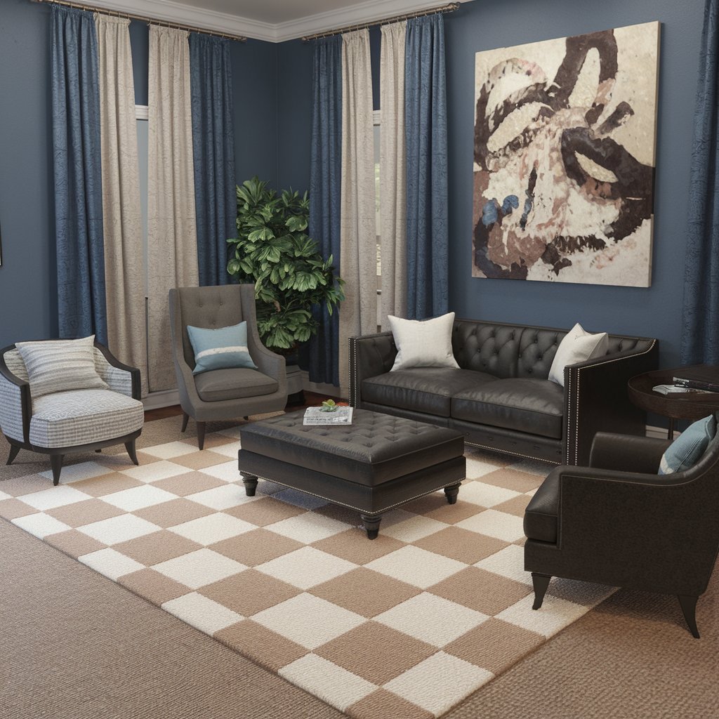 Beige and White Checkered Rug with other Home Decor Accents