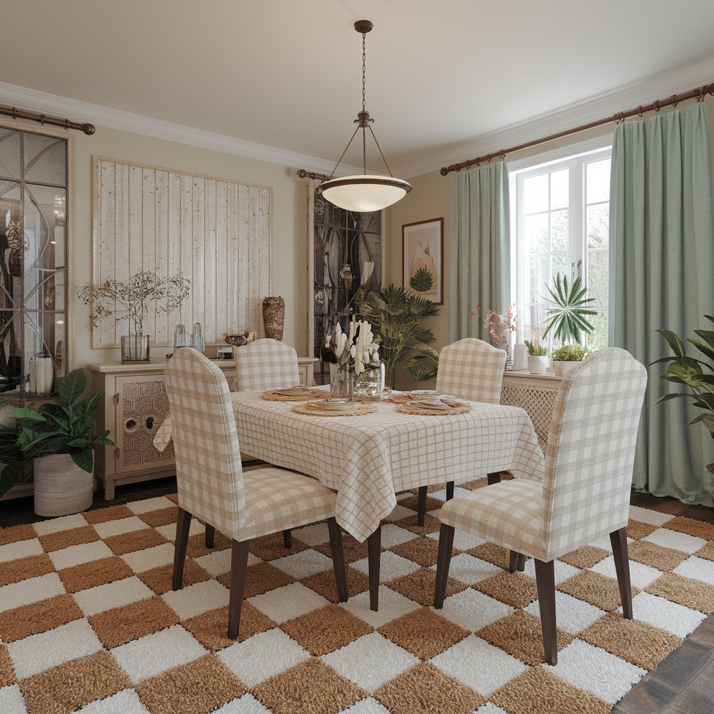 Beige and White Checkered Rug in a dining room