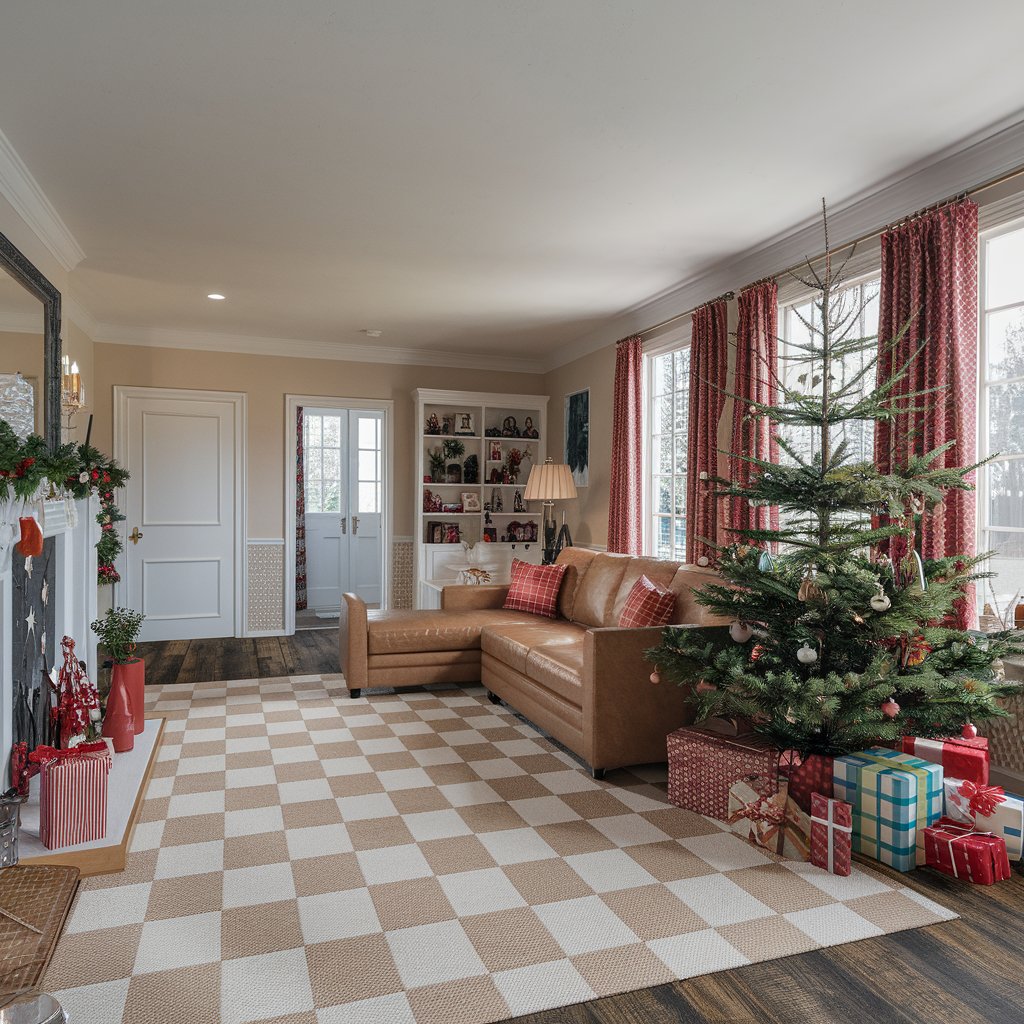 Beige and White Checkered Rug with a Christmas theme