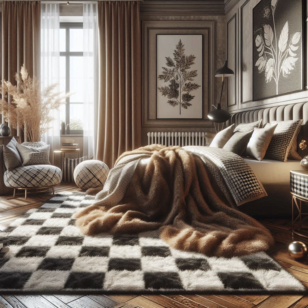 Brown Checkered Rug with other Home Decor