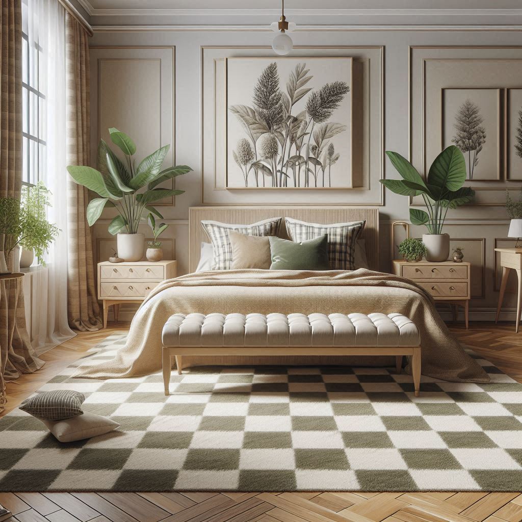 Beige and White Checkered Rug with other Home Decor 