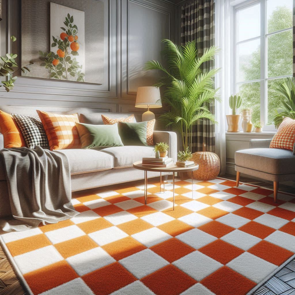 Orange Checkered Rug with other Home Decor