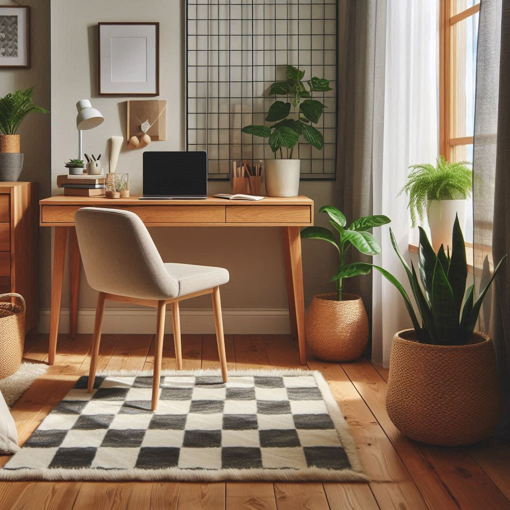 Neutral Checkered Rug with other Home Decor