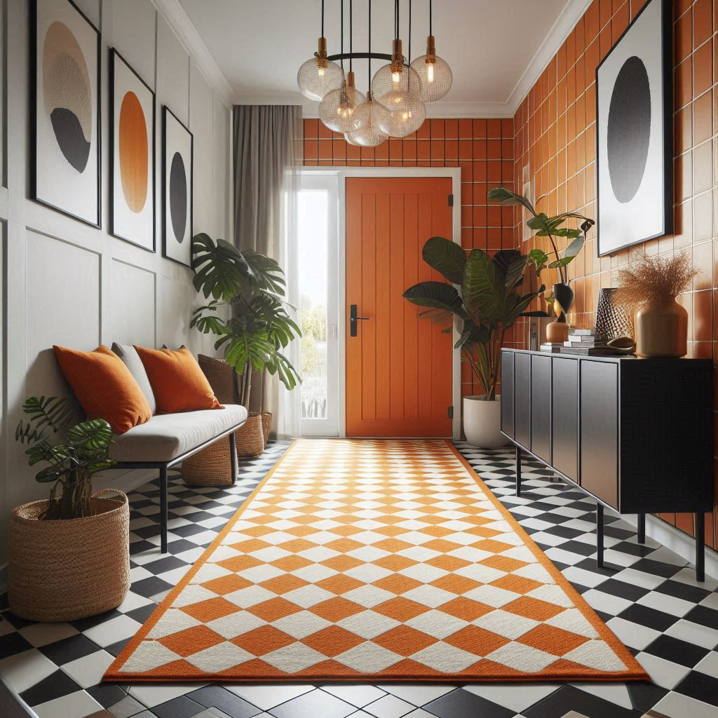 Checkered Rug and Other Home Decor in an Entryway