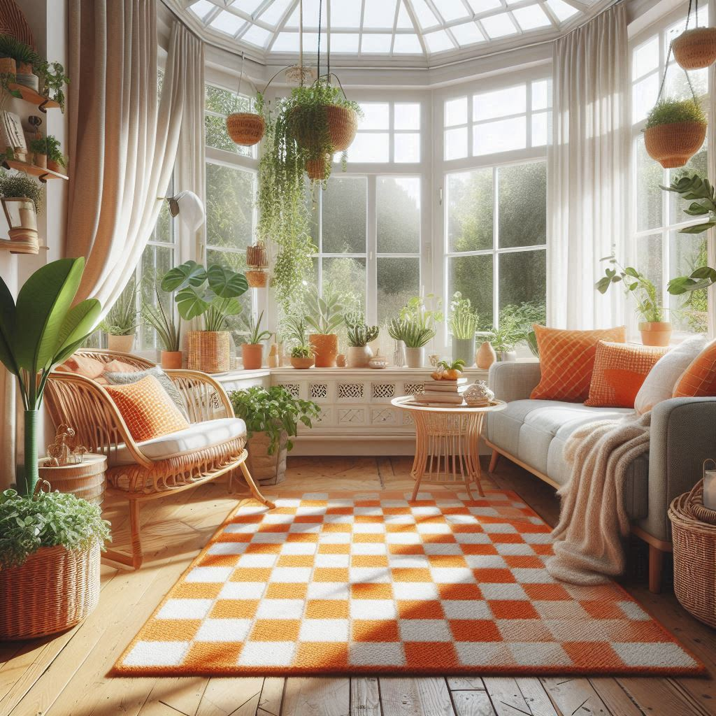 Orange Checkered Rug with other Home Decor