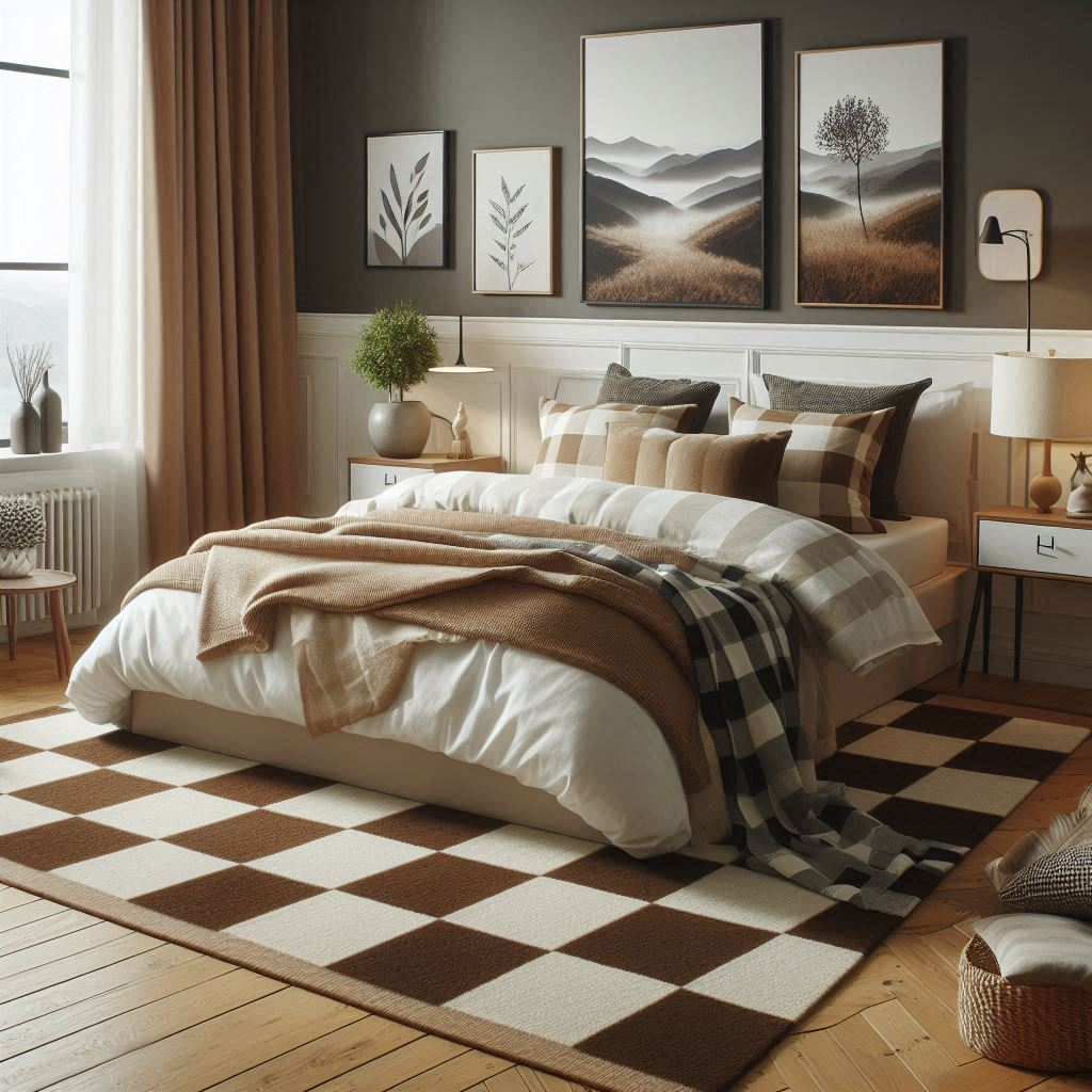 A brown Checkered Rug with other Home Decor