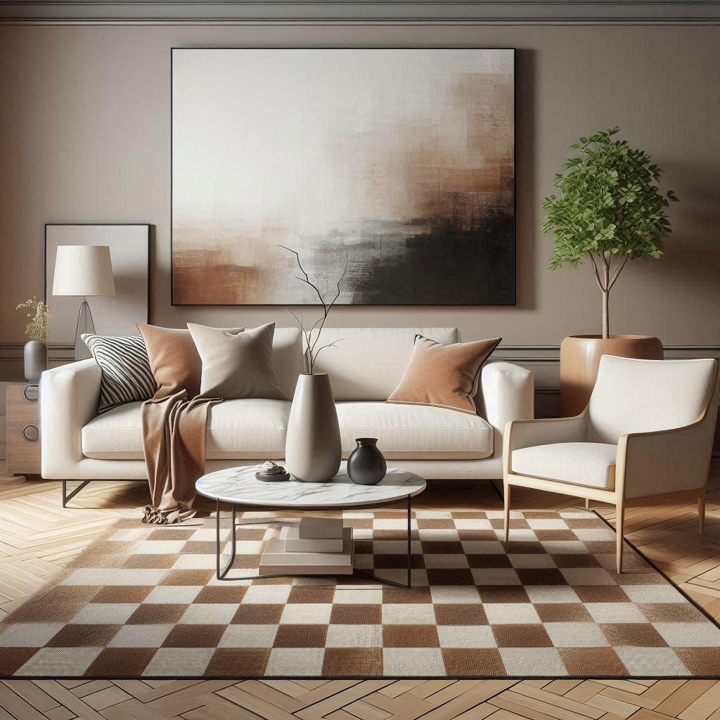 Brown and White Checkered Rug and Other Home Decor