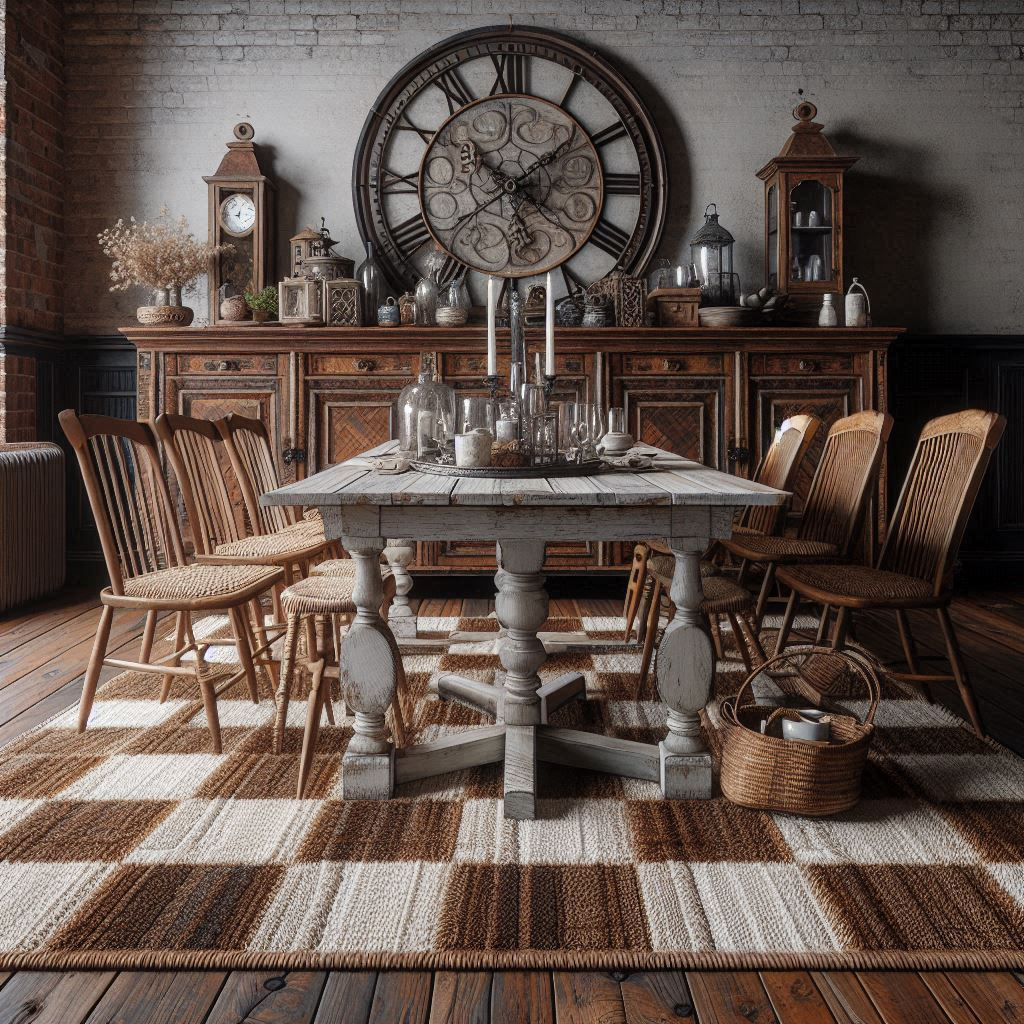 Brown and White Checkered Rug and Other Home Decor