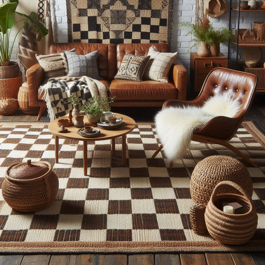 Brown and White Checkered Rug and Other Home Decor