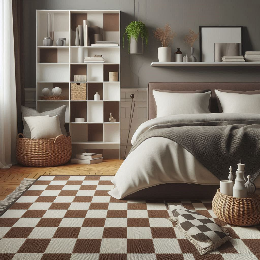 Brown and White Checkered Rug and Other Home Decor