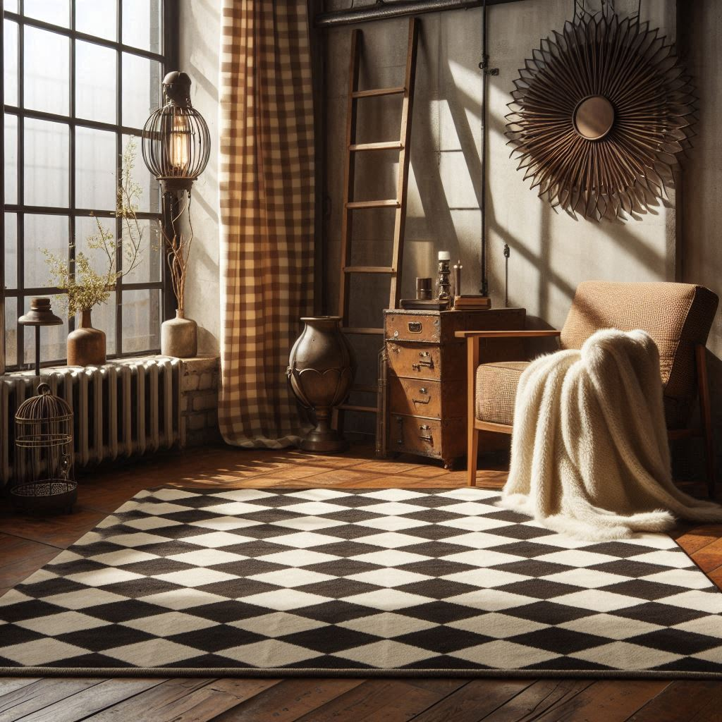 Brown and White Checkered Rug and Other Home Decor