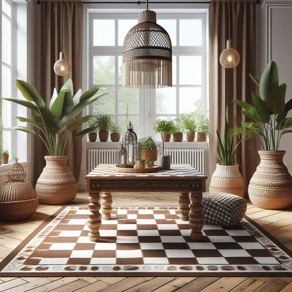 Brown and White Checkered Rug and Other Home Decor