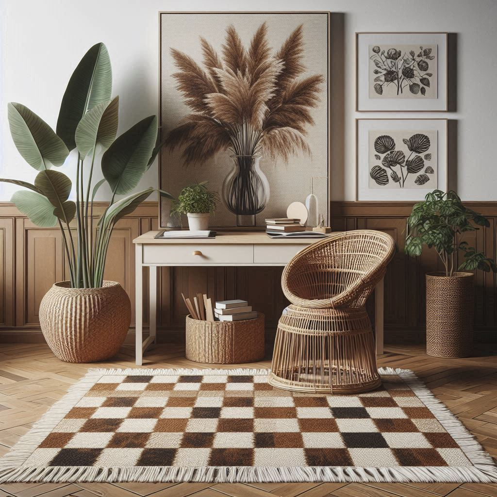 Brown and White Checkered Rug and Other Home Decor