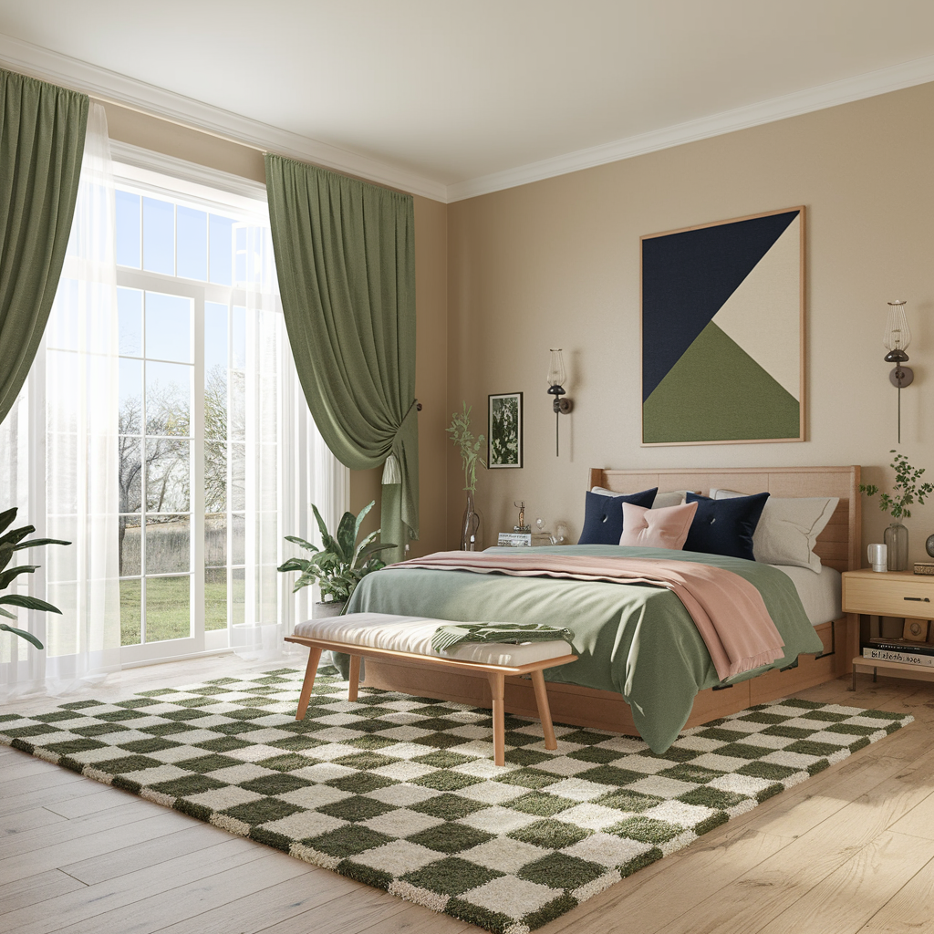 A  Green Checkered Rug in a Bedroom with other Home Decor Accents