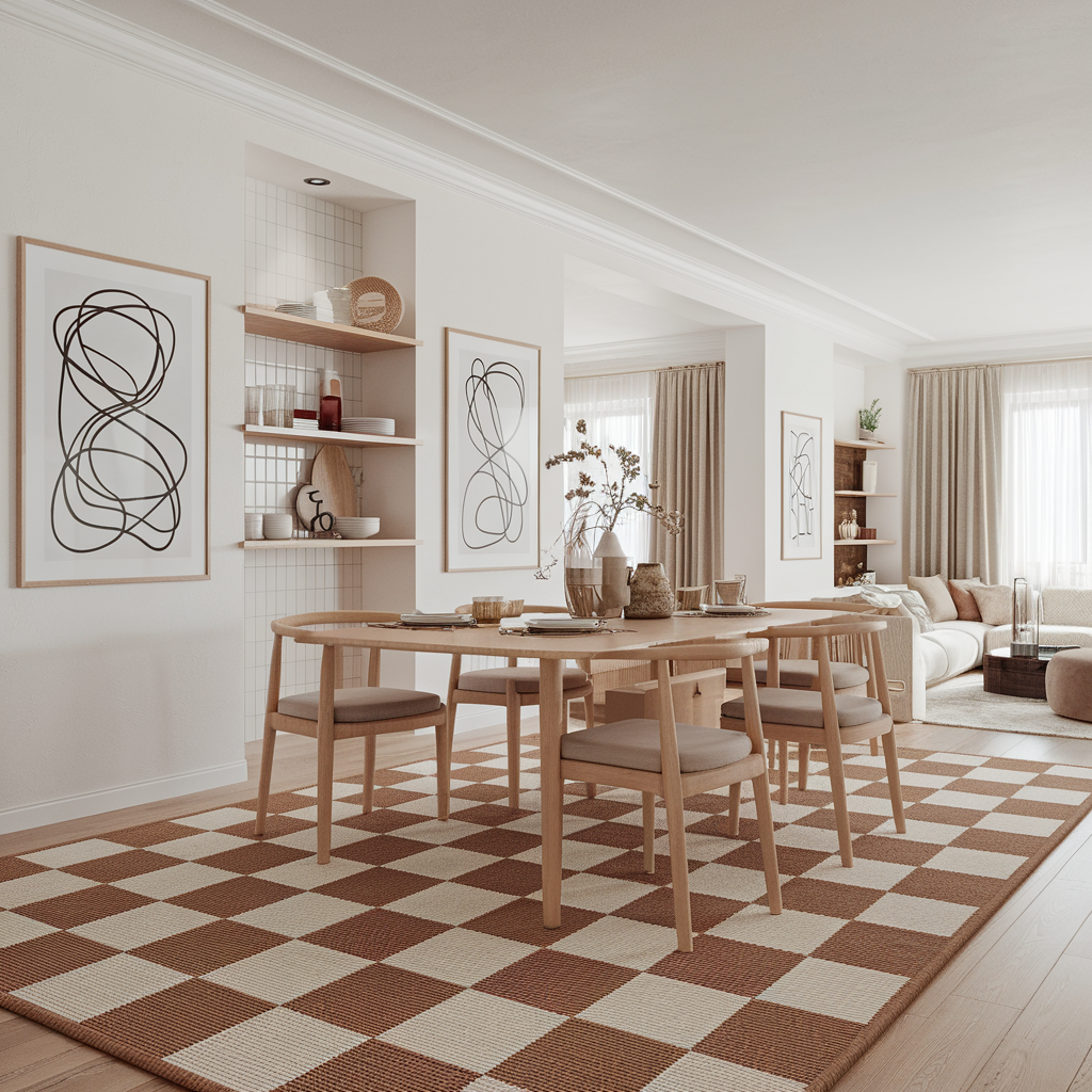 Brown and White Checkered Rug With Scandinavian Design