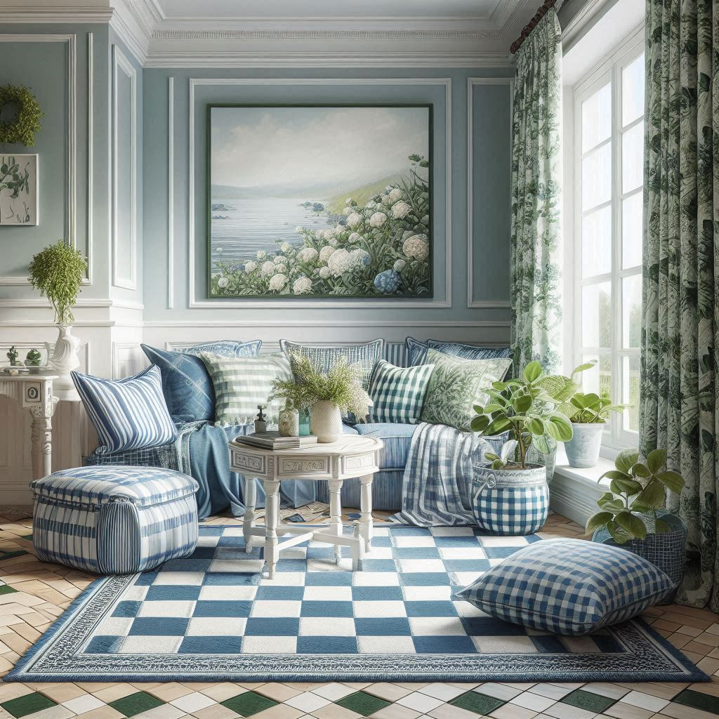 Blue and white checkered rug with pattern play