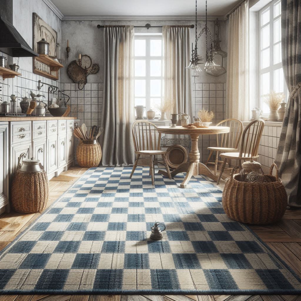 Blue and white checkered rug with a rustic vibe