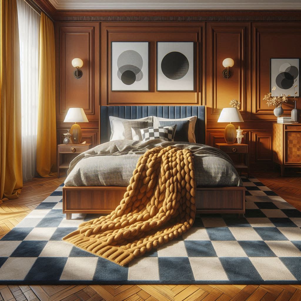 Blue and white checkered rug with warm tones in a bedroom 