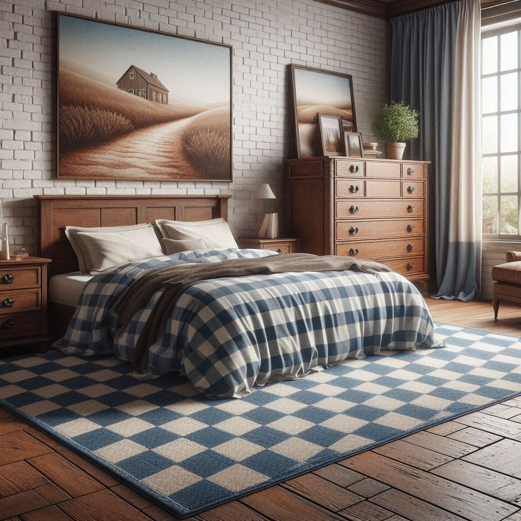 Blue and white checkered rug with a farm house style theme